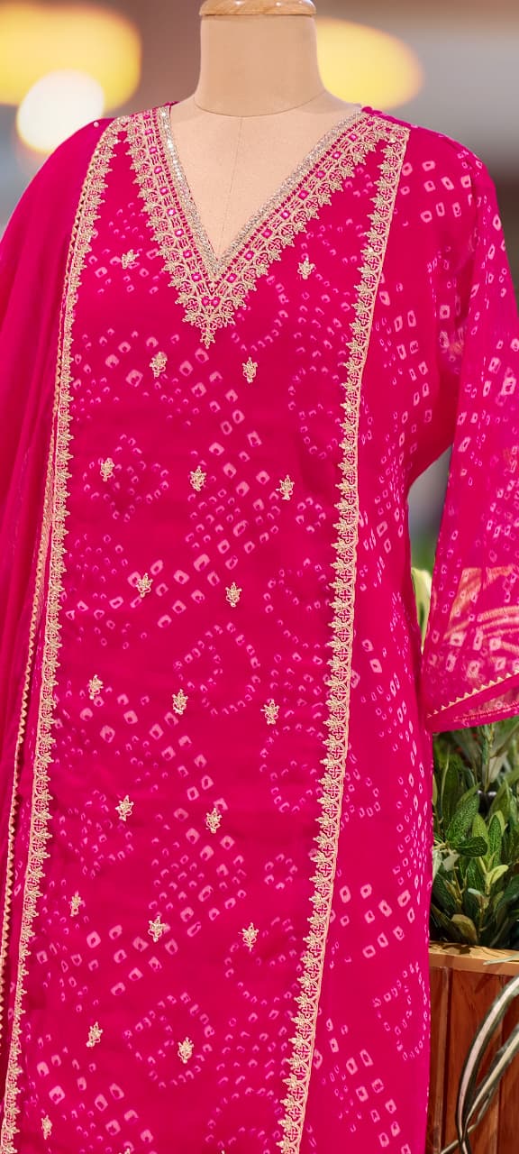 Gotta Patti Linear Zardosi Work Bandhani Print Georgette Full Suit Set With Dupatta- 15485