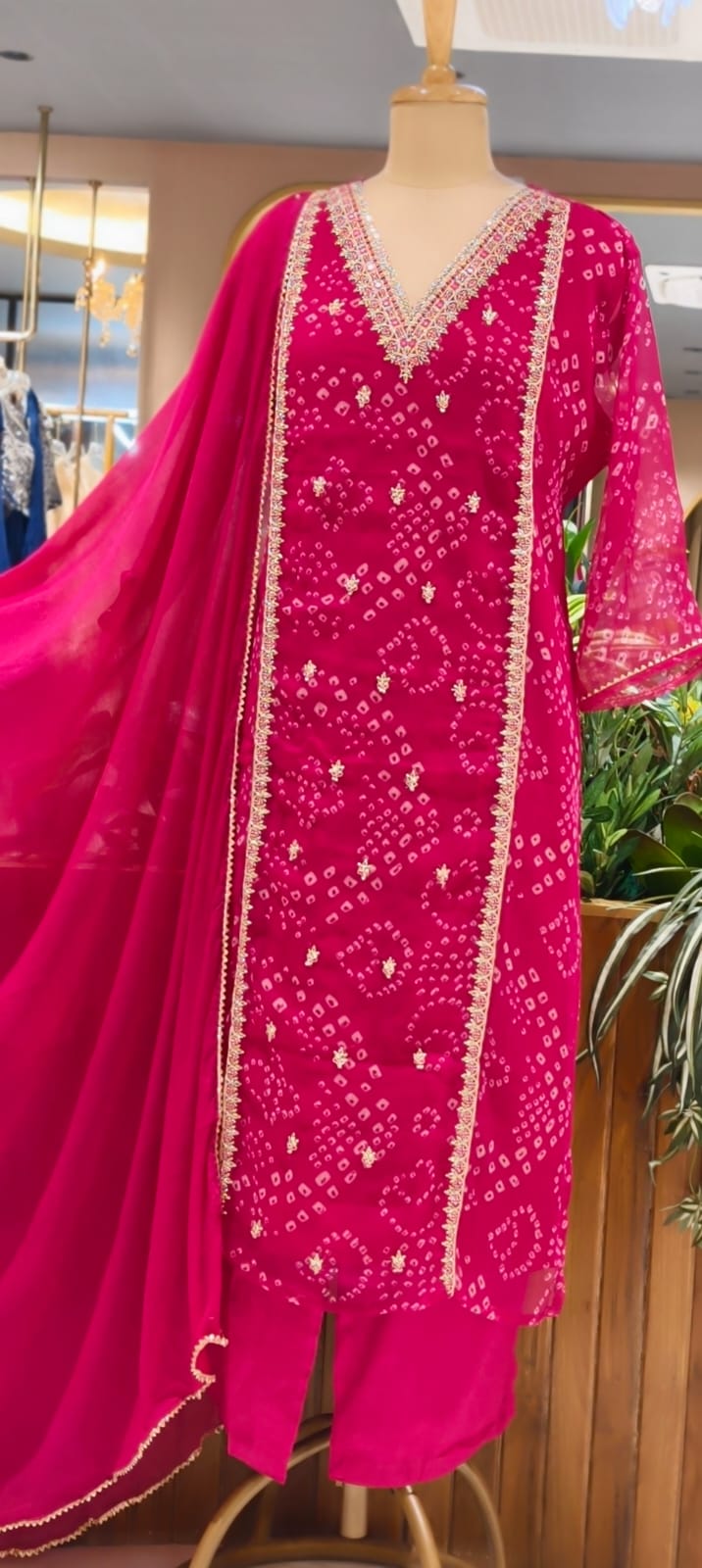 Gotta Patti Linear Zardosi Work Bandhani Print Georgette Full Suit Set With Dupatta- 15485