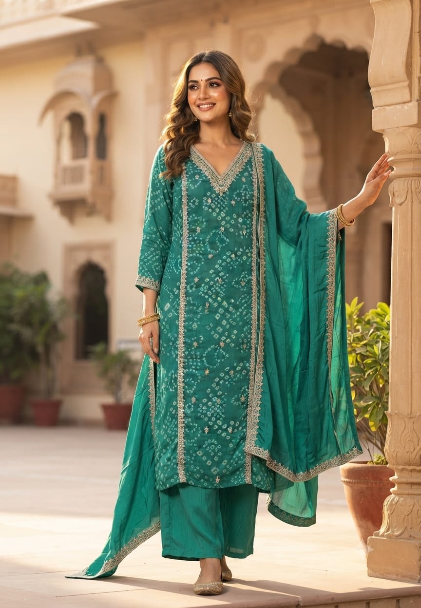Gotta Patti Linear Zardosi Work Bandhani Print Georgette Full Suit Set With Dupatta- 15485
