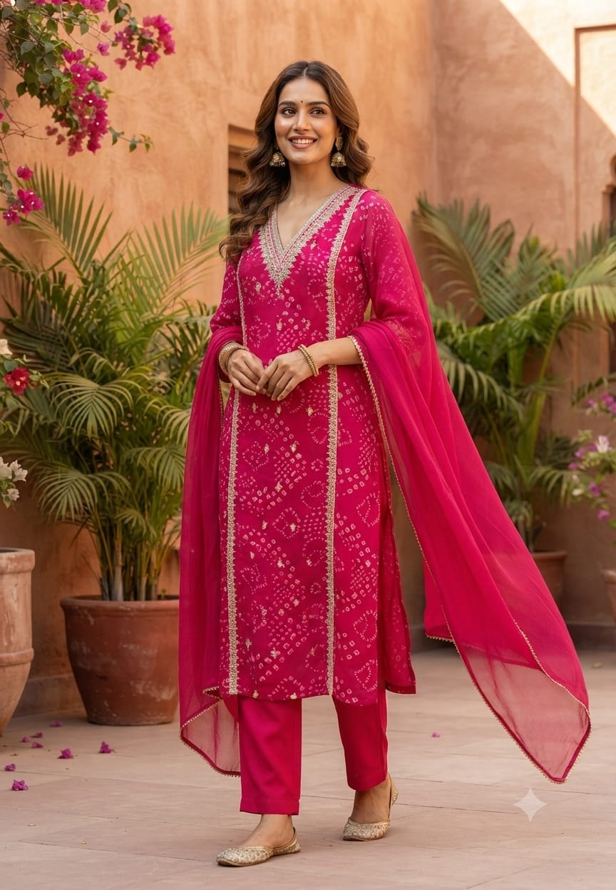 Gotta Patti Linear Zardosi Work Bandhani Print Georgette Full Suit Set With Dupatta- 15485
