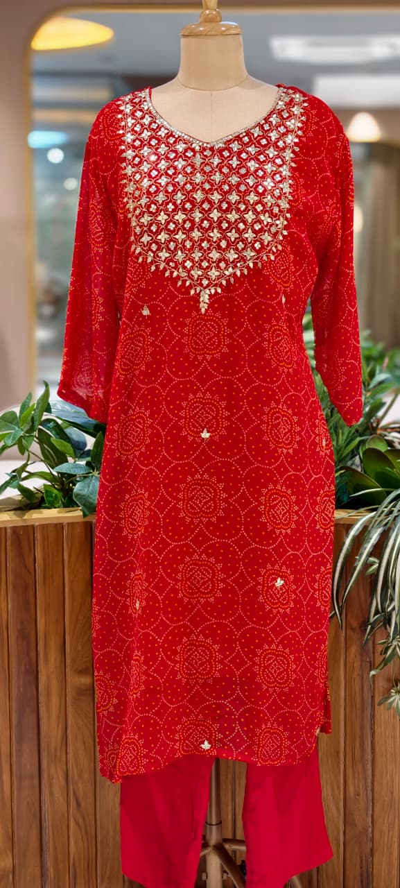 Gotta Shimmer Elegance Yoke Bandhej Print Vibrant Georgette Full Suit Set With Dupatta- 15476