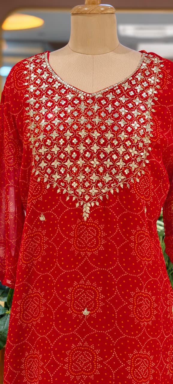Gotta Shimmer Elegance Yoke Bandhej Print Vibrant Georgette Full Suit Set With Dupatta- 15476