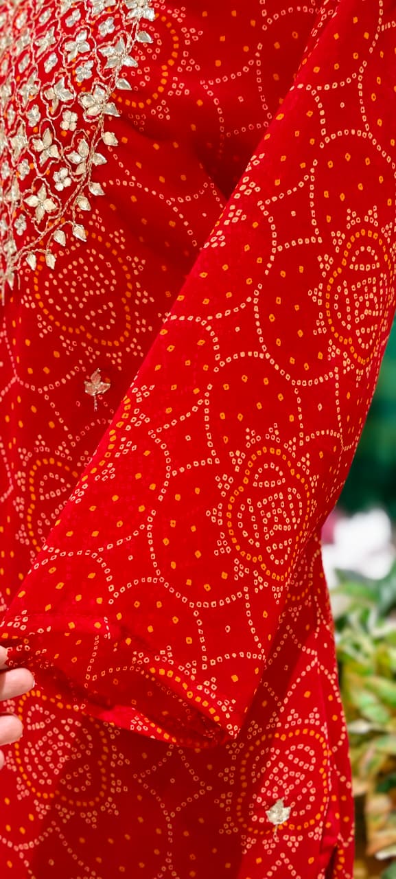 Gotta Shimmer Elegance Yoke Bandhej Print Vibrant Georgette Full Suit Set With Dupatta- 15476