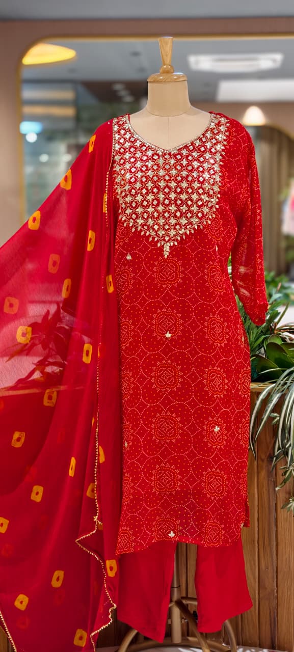Gotta Shimmer Elegance Yoke Bandhej Print Vibrant Georgette Full Suit Set With Dupatta- 15476