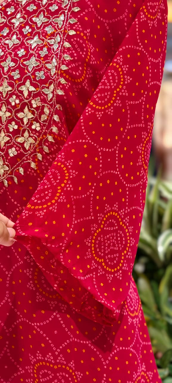 Gotta Shimmer Elegance Yoke Bandhej Print Vibrant Georgette Full Suit Set With Dupatta- 15476