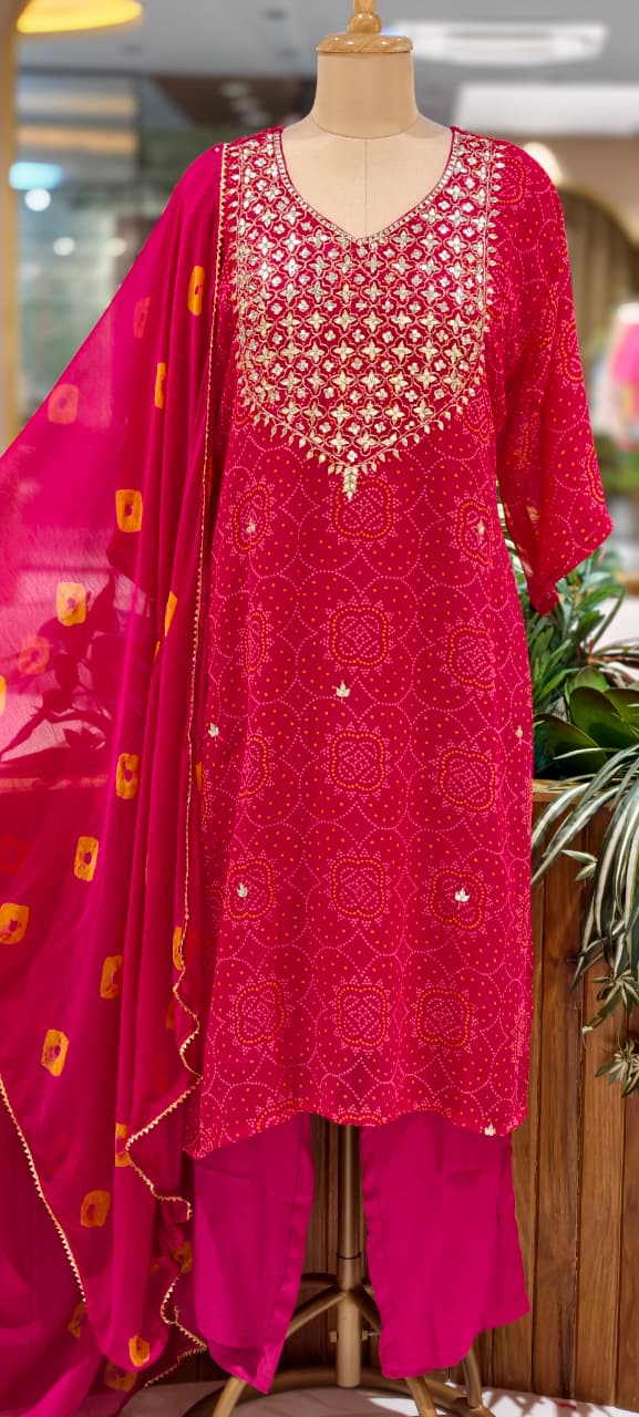 Gotta Shimmer Elegance Yoke Bandhej Print Vibrant Georgette Full Suit Set With Dupatta- 15476