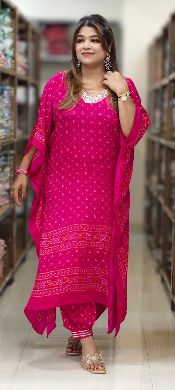 Embellished V-Neck Premium Semi Chinon Bandhani Print Kaftan Set with Balloon Pant-15486