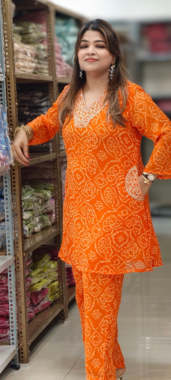 Machine Work Embroidered V-Neck Premium Bandhani Print Georgette Kurta Pant Set with Pockets-15481