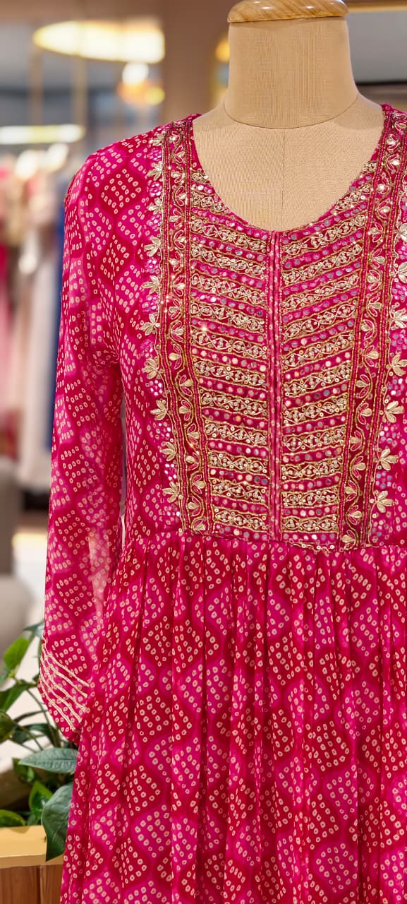 Georgette Bandhani Diamond Print Anarkali Set with Heavy Embroidered Yoke & Matching Dupatta(No Bottom)-15489