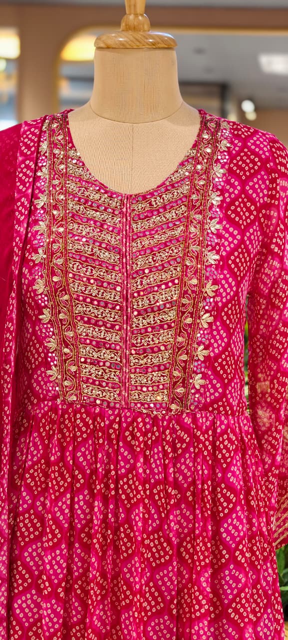 Georgette Bandhani Diamond Print Anarkali Set with Heavy Embroidered Yoke & Matching Dupatta(No Bottom)-15489