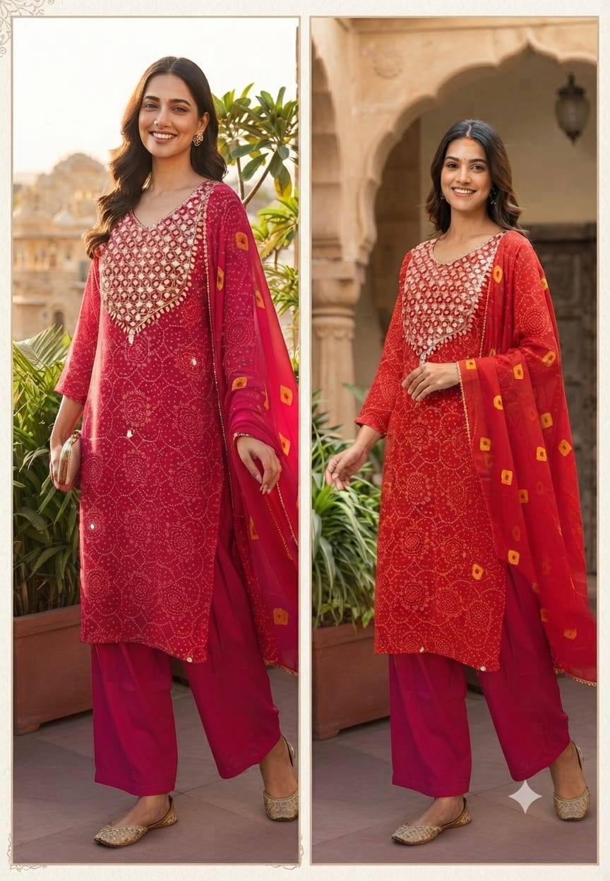 Gotta Shimmer Elegance Yoke Bandhej Print Vibrant Georgette Full Suit Set With Dupatta- 15476