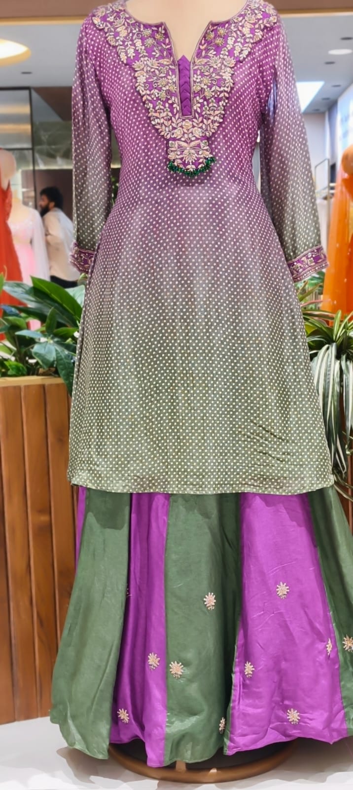 Dual Tone Ombre Shade Rich Hand Embroidered Yoke With Beads Accent Kurta With Cane-Cane Skirt Bottom & Dupatta- 15333