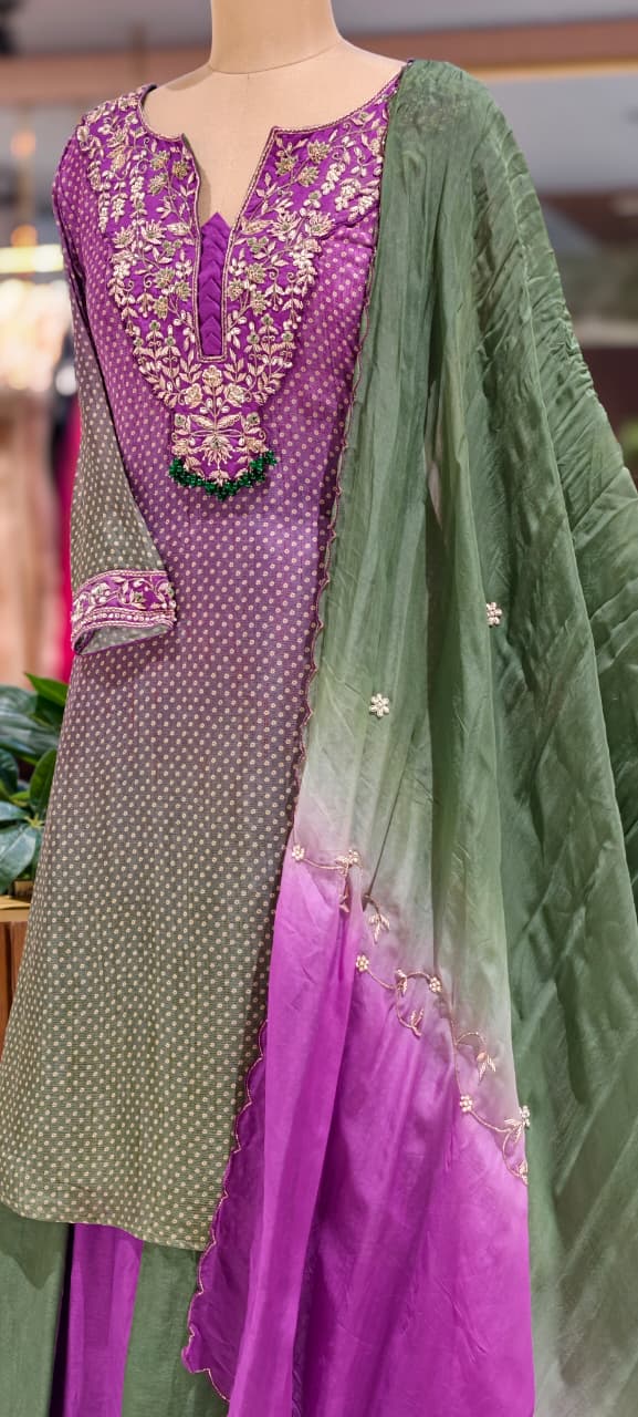 Dual Tone Ombre Shade Rich Hand Embroidered Yoke With Beads Accent Kurta With Cane-Cane Skirt Bottom & Dupatta- 15333