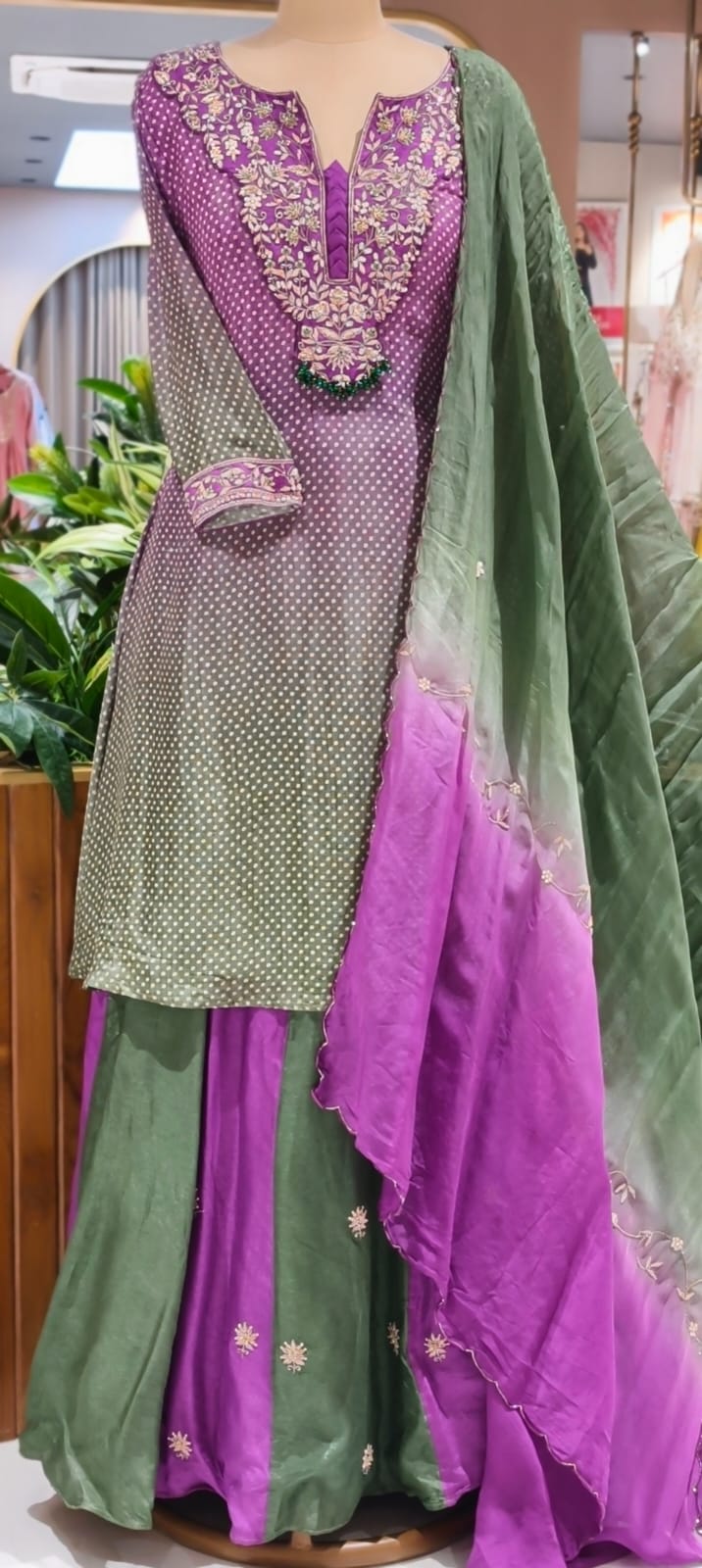 Dual Tone Ombre Shade Rich Hand Embroidered Yoke With Beads Accent Kurta With Cane-Cane Skirt Bottom & Dupatta- 15333