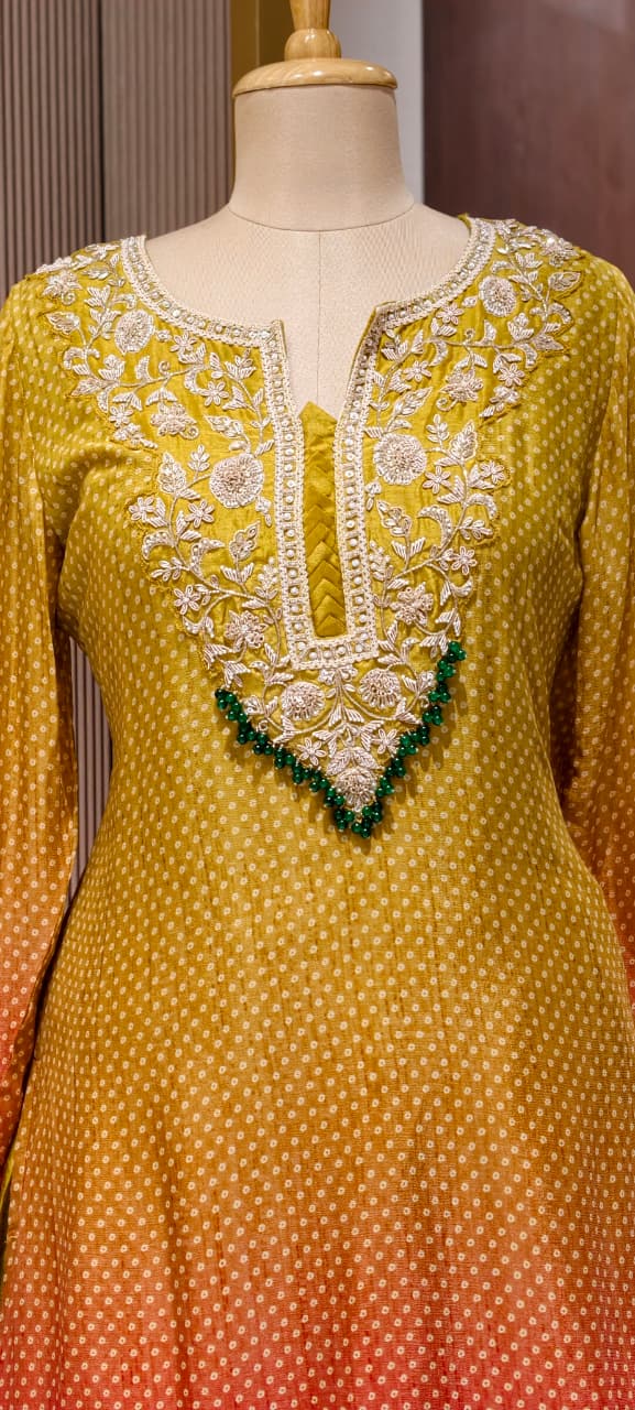 Dual Tone Ombre Shade Rich Hand Embroidered Yoke With Beads Accent Kurta With Cane-Cane Skirt Bottom & Dupatta- 15333