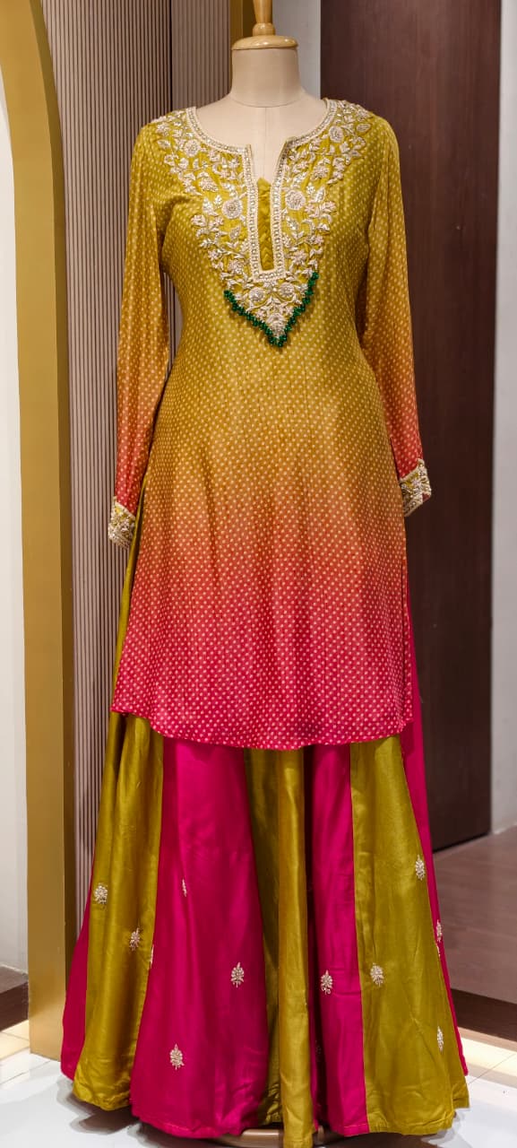 Dual Tone Ombre Shade Rich Hand Embroidered Yoke With Beads Accent Kurta With Cane-Cane Skirt Bottom & Dupatta- 15333