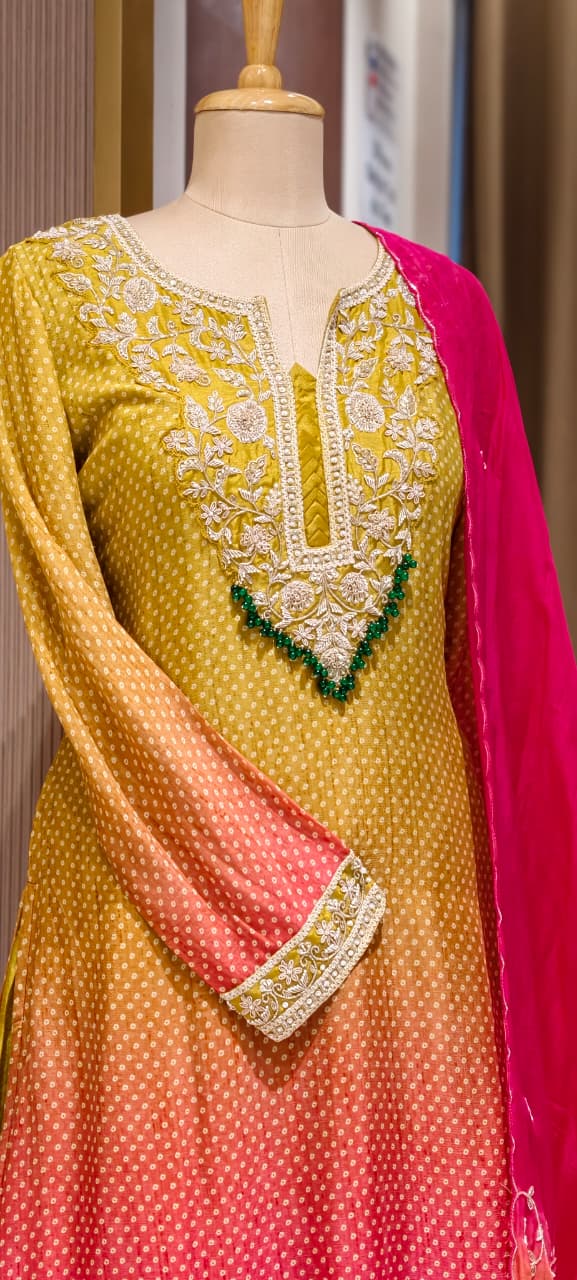 Dual Tone Ombre Shade Rich Hand Embroidered Yoke With Beads Accent Kurta With Cane-Cane Skirt Bottom & Dupatta- 15333