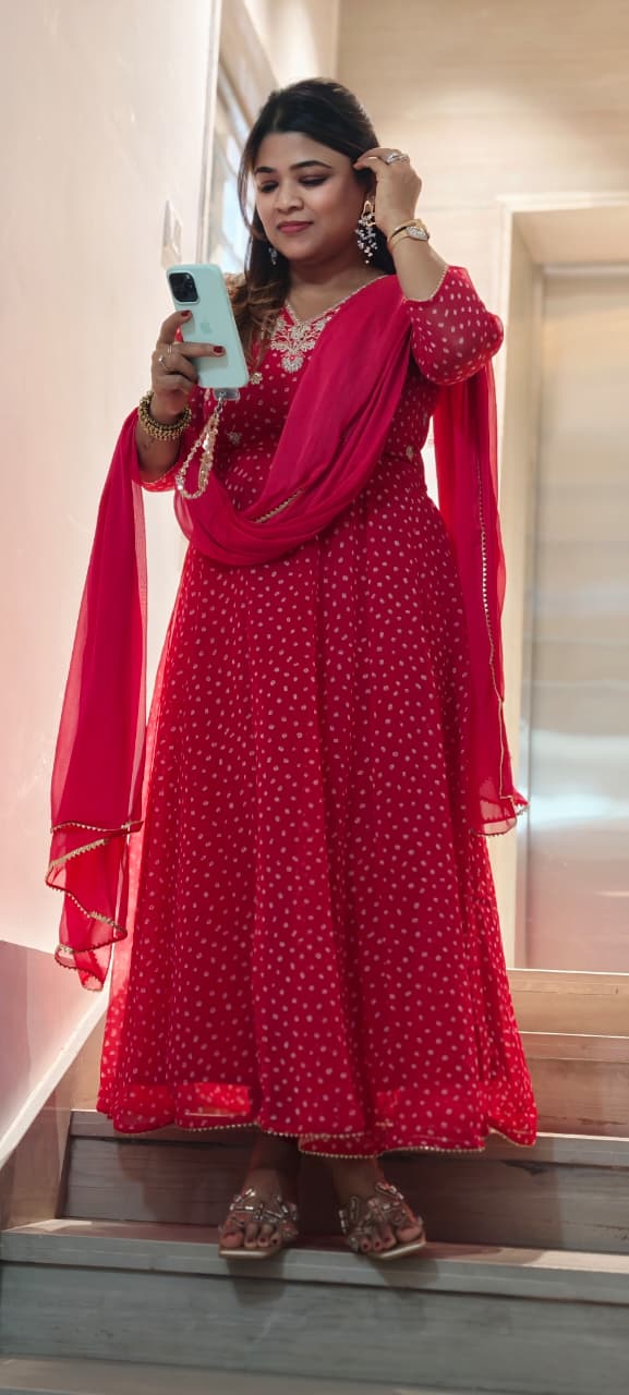 Georgette Bandhani Print Anarkali Kurta Set with Heavy Embroidered V-Neck Matching Dupatta & Bottom-15487