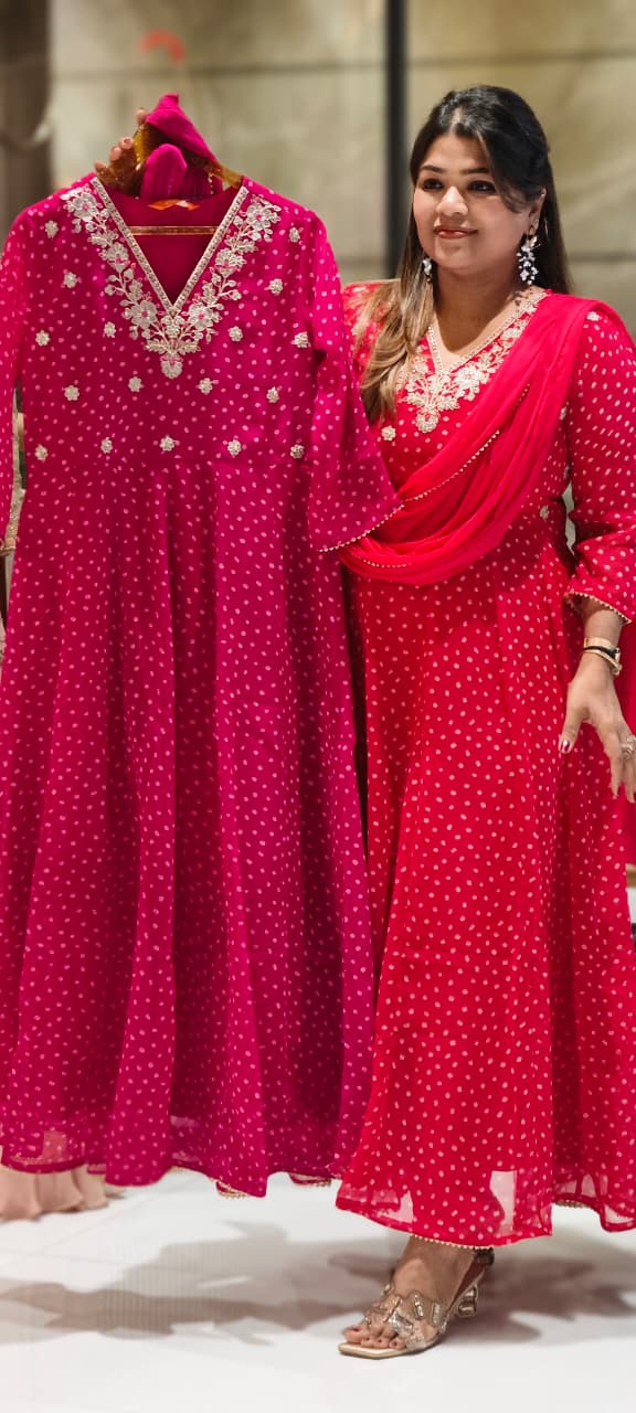 Georgette Bandhani Print Anarkali Kurta Set with Heavy Embroidered V-Neck Matching Dupatta & Bottom-15487