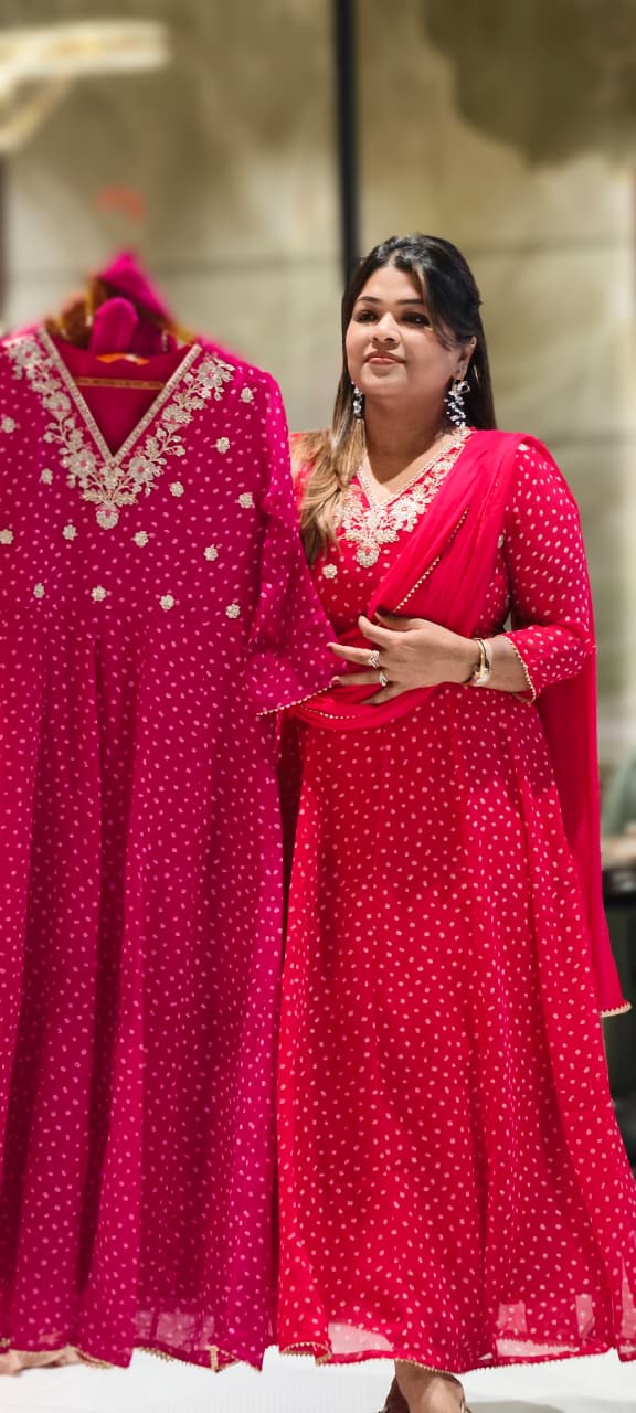 Georgette Bandhani Print Anarkali Kurta Set with Heavy Embroidered V-Neck Matching Dupatta & Bottom-15487