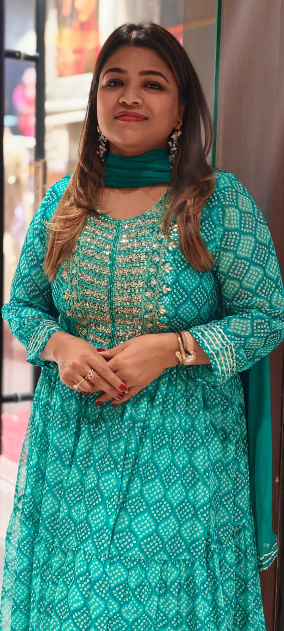 Georgette Bandhani Diamond Print Anarkali Set with Heavy Embroidered Yoke & Matching Dupatta(No Bottom)-15489
