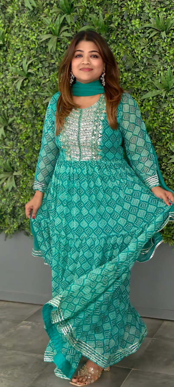 Georgette Bandhani Diamond Print Anarkali Set with Heavy Embroidered Yoke & Matching Dupatta(No Bottom)-15489