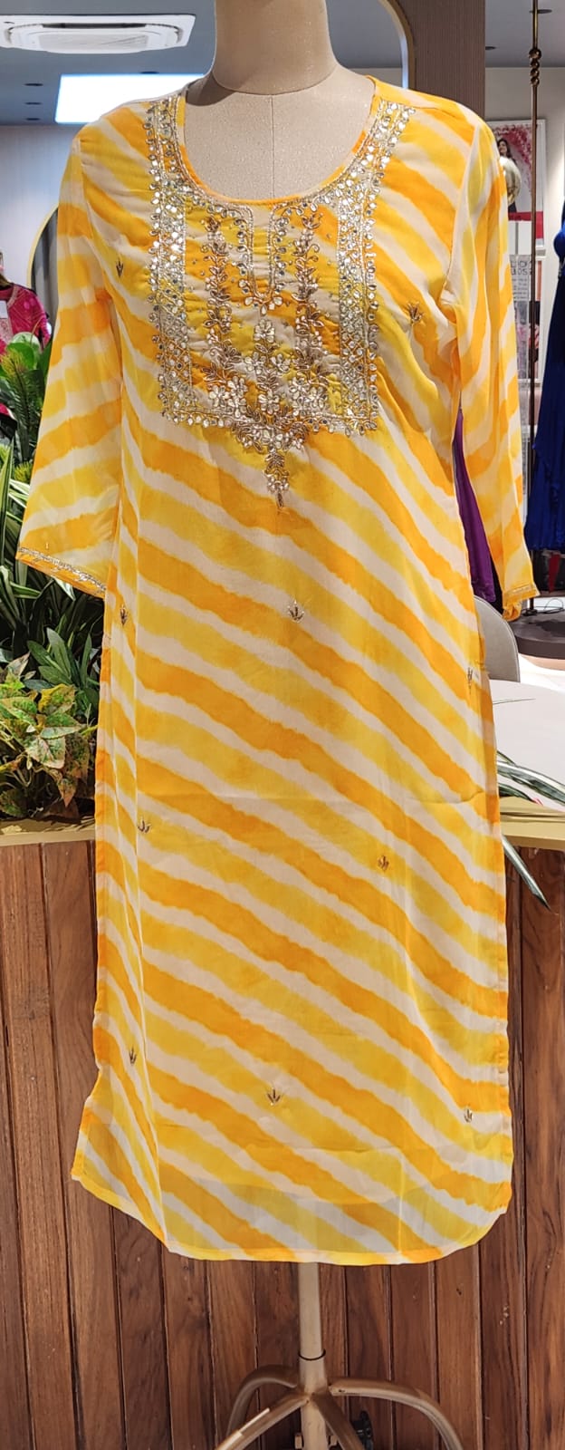 Yellow Leheriya Print Kurti with Heavy Hand Embroidered Yoke –15490