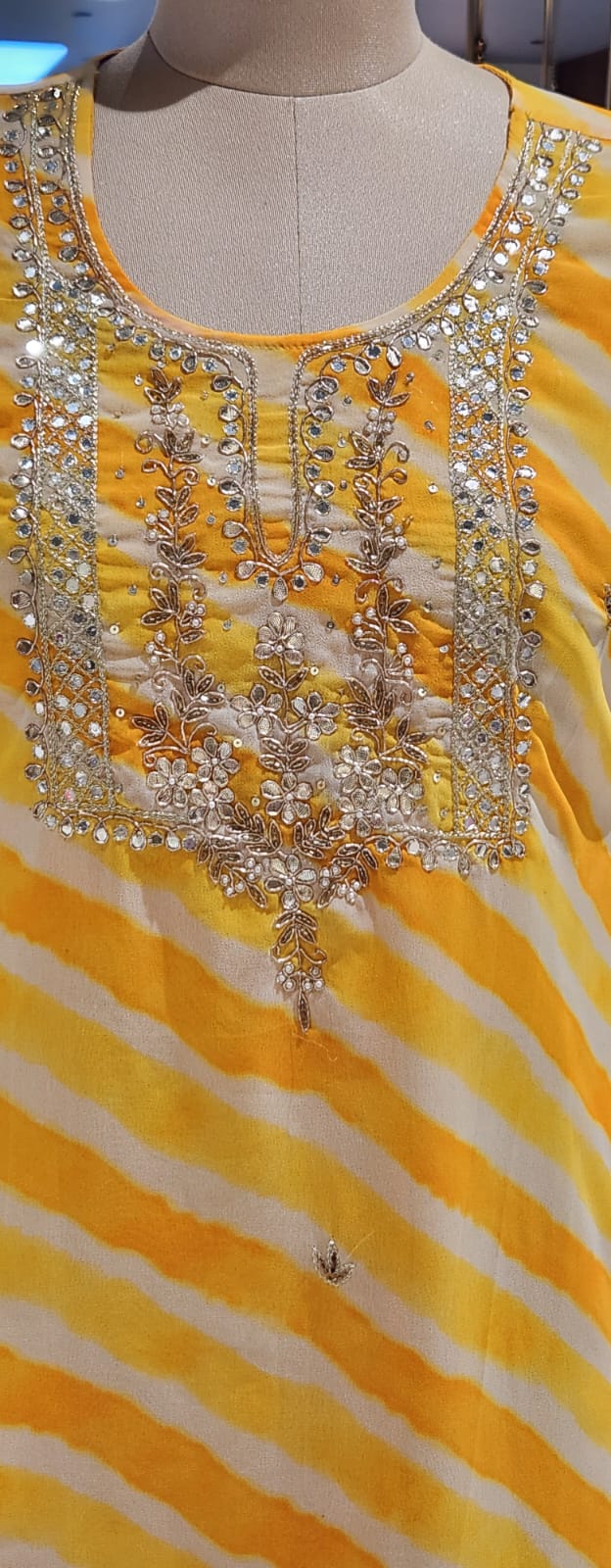 Yellow Leheriya Print Kurti with Heavy Hand Embroidered Yoke –15490
