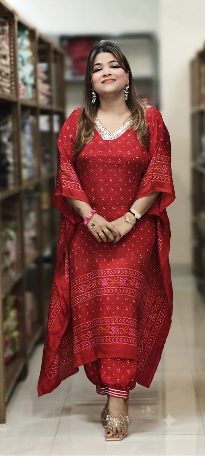 Embellished V-Neck Premium Semi Chinon Bandhani Print Kaftan Set with Balloon Pant-15486