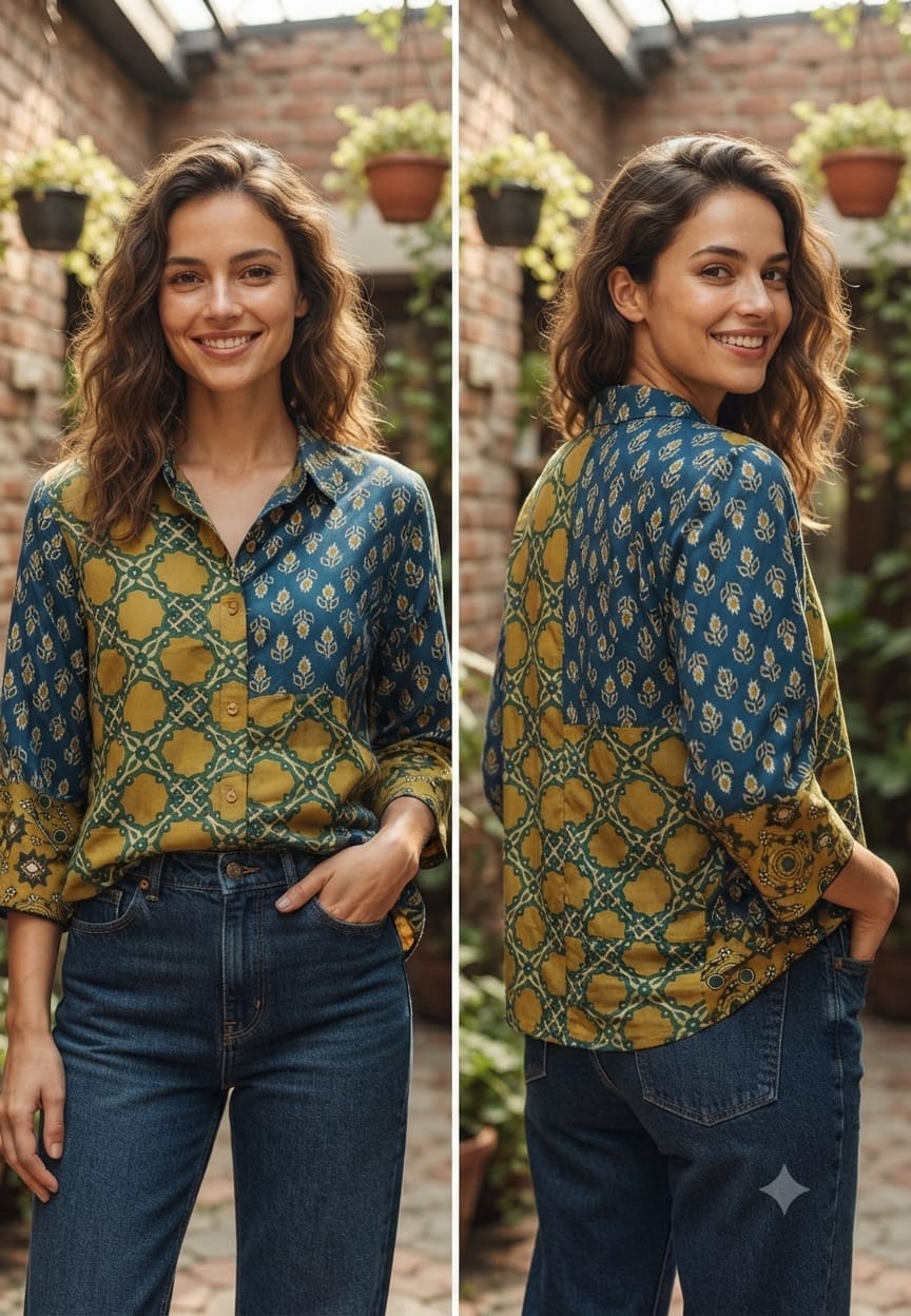 Geometric Block Print Dual Toned Casual Crepe Shirt- 15434