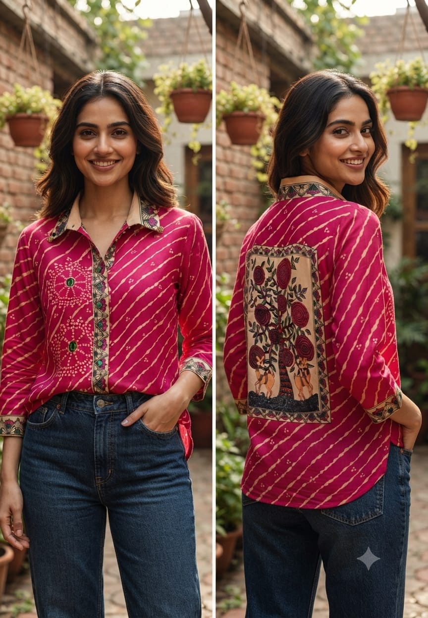 Lehriya Bandhej With Mossaic Floral Print Crepe Shirt- 15434