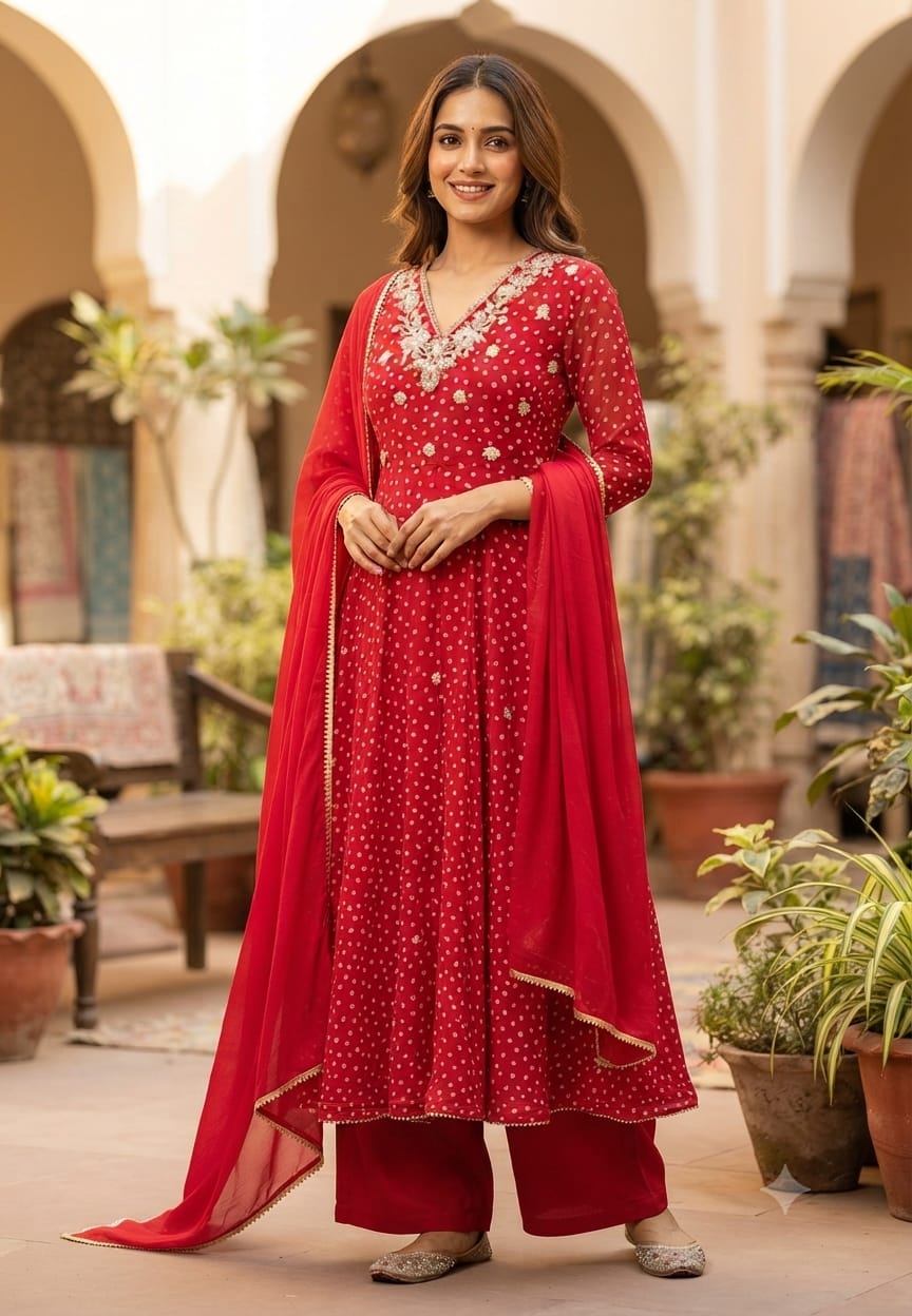 Georgette Bandhani Print Anarkali Kurta Set with Heavy Embroidered V-Neck Matching Dupatta & Bottom-15487