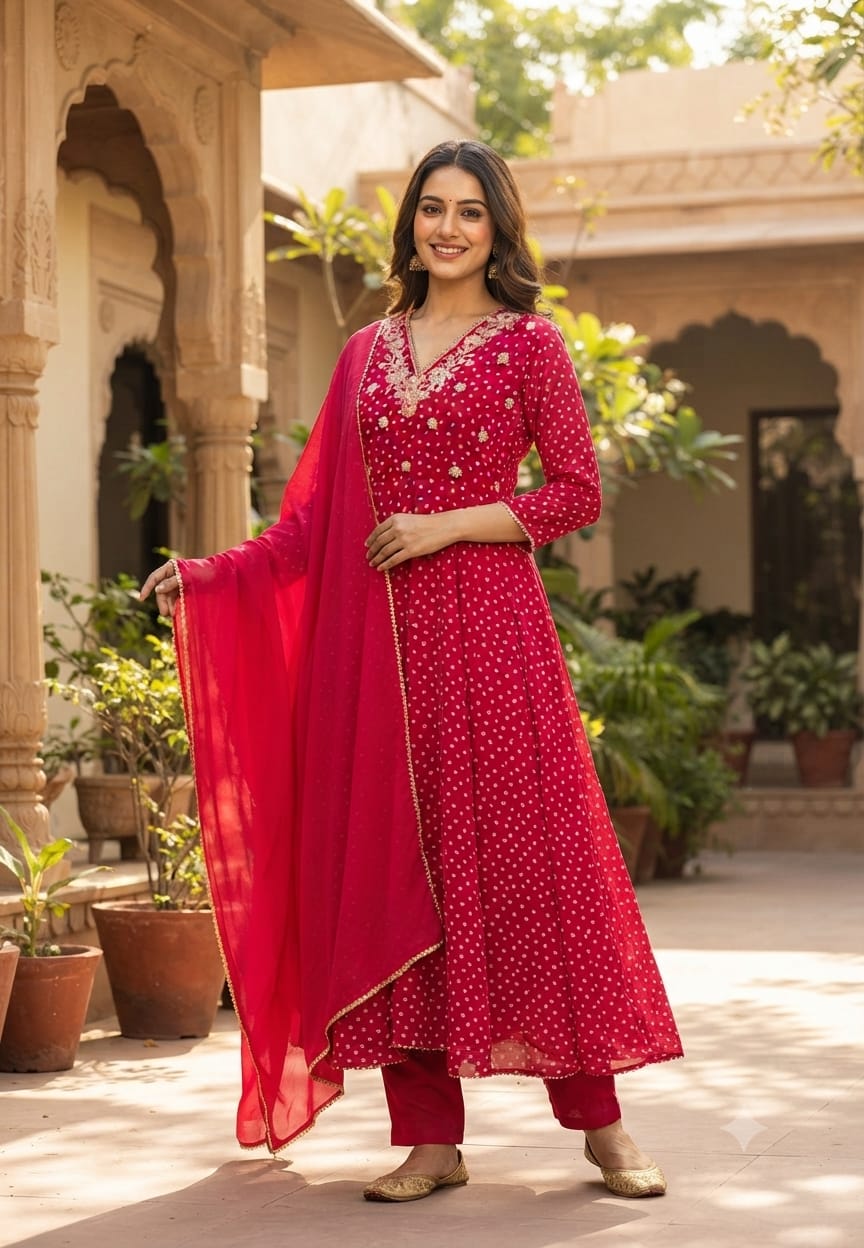 Georgette Bandhani Print Anarkali Kurta Set with Heavy Embroidered V-Neck Matching Dupatta & Bottom-15487