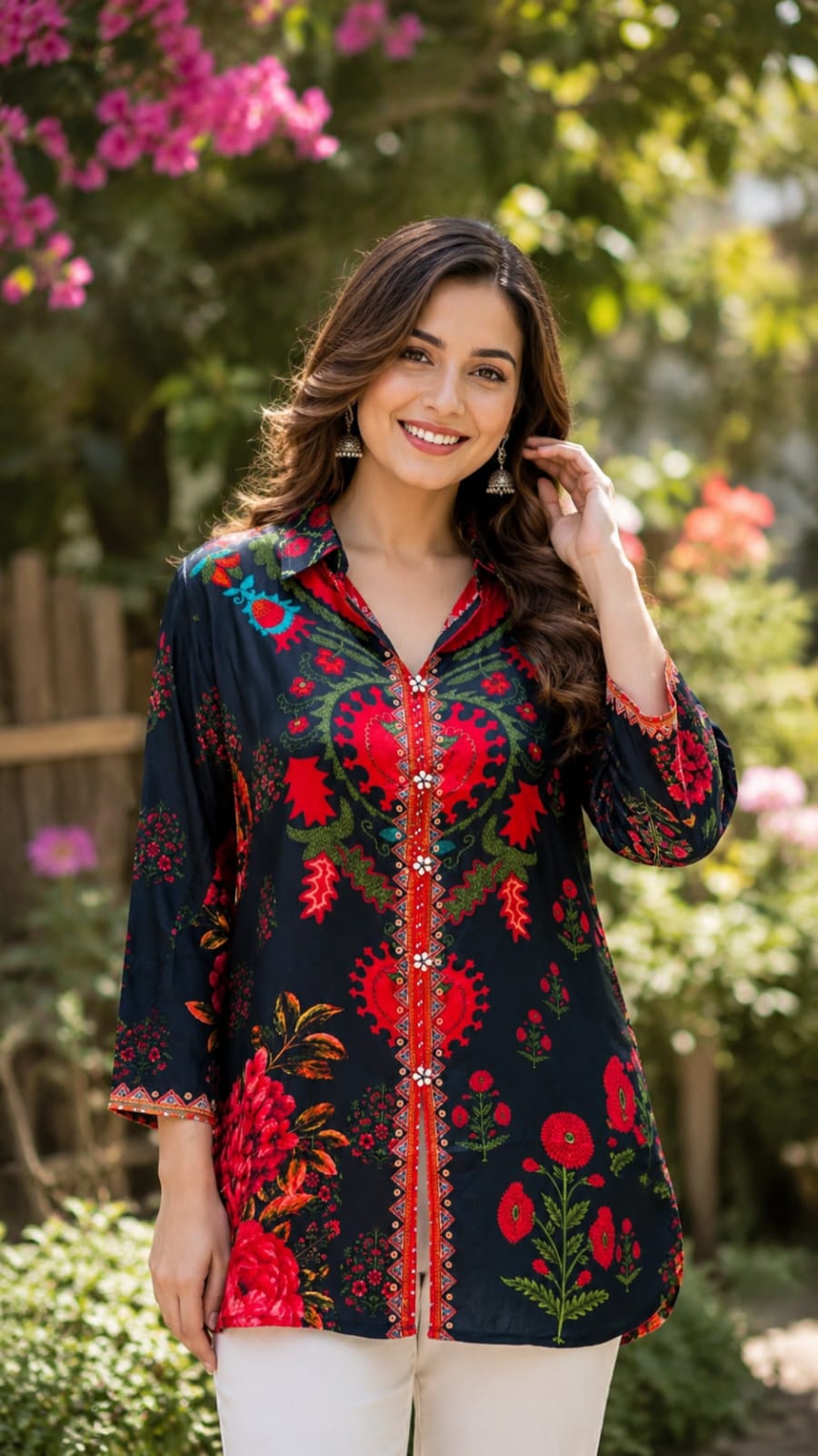 Lehriya Bandhej With Mossaic Floral Print Crepe Shirt- 15434