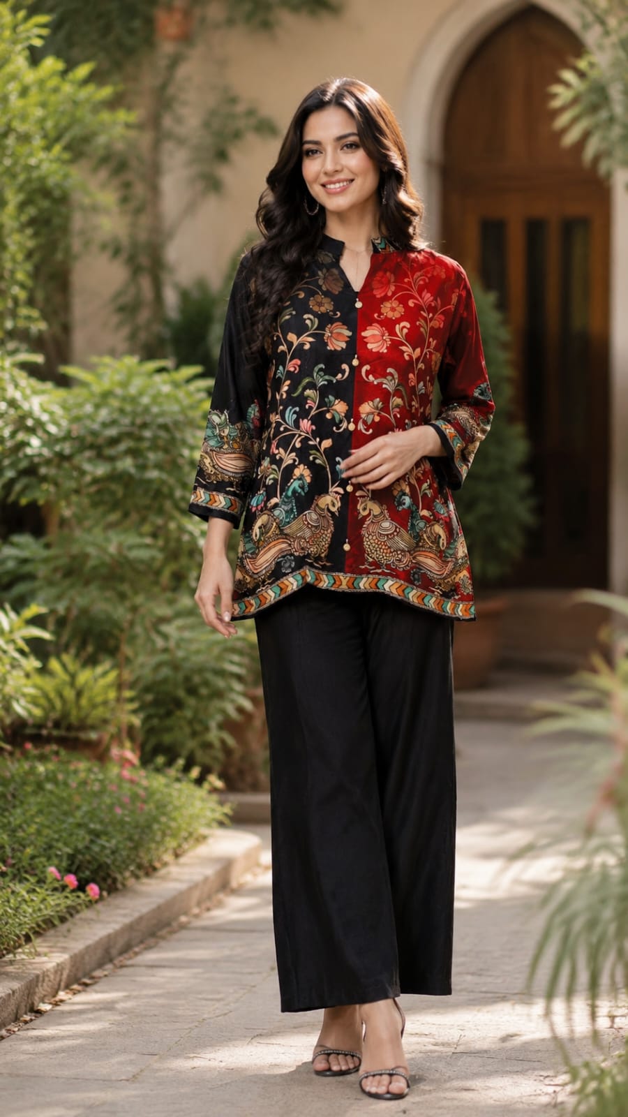 Peacock & Floral Motifs Multicolor Casual Crepe Shirt- 15434