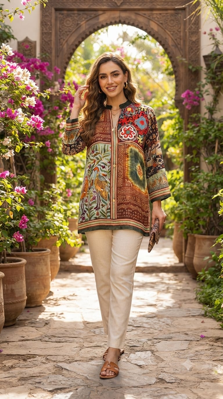 Peacock & Floral Motifs Multicolor Casual Crepe Shirt- 15434
