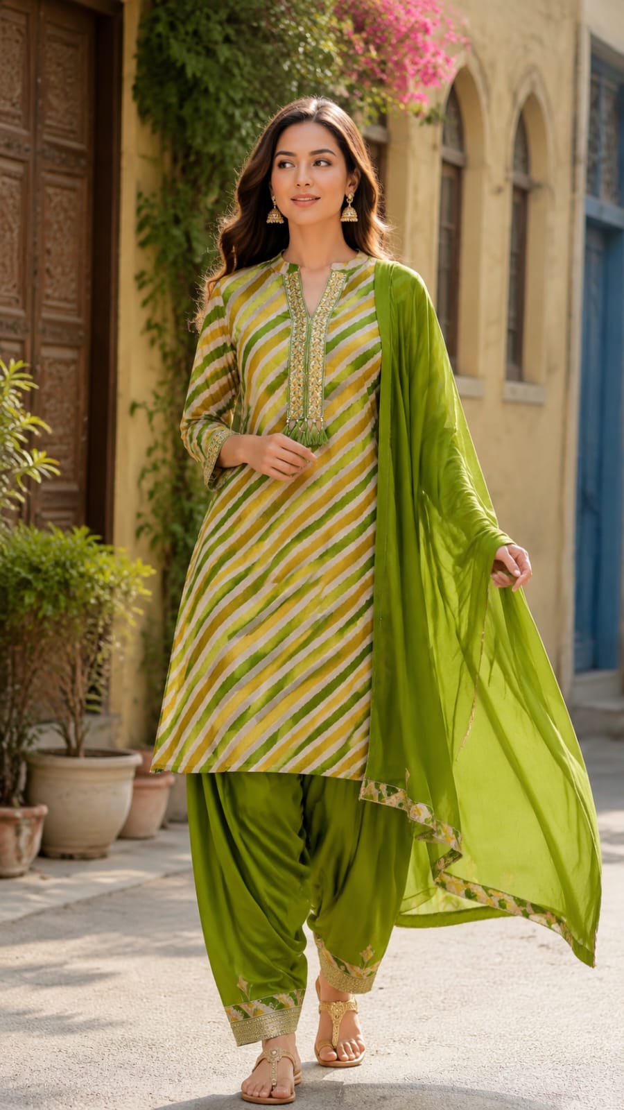 Foli Mirror Thread Embroidery Tassel Accent Lehriya Short Length Kurta With Farsi Salwar & Dupatta In Chinon Fabric-15510