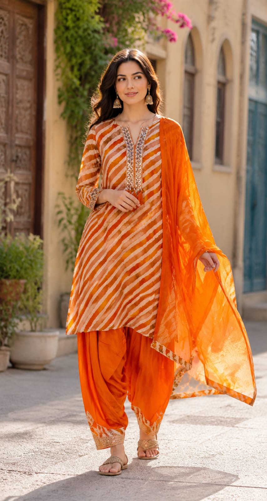 Foli Mirror Thread Embroidery Tassel Accent Lehriya Short Length Kurta With Farsi Salwar & Dupatta In Chinon Fabric-15510