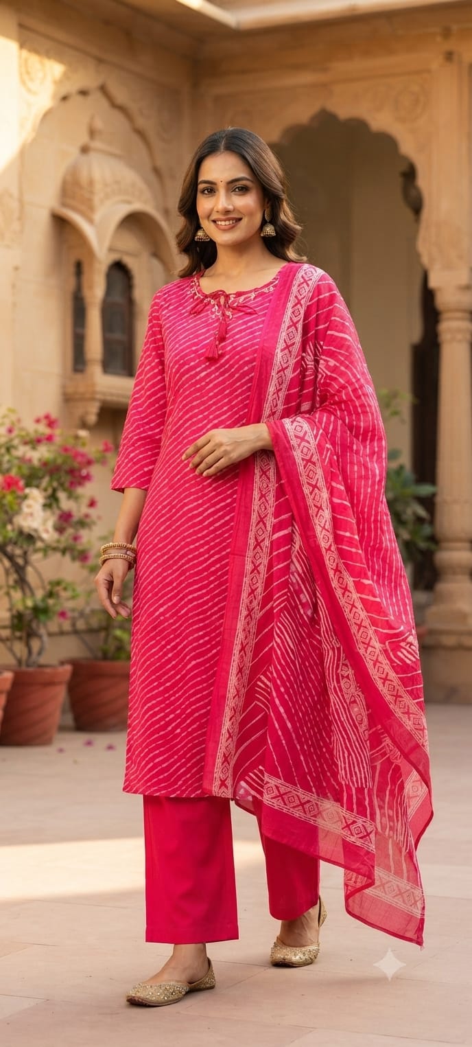 Minimal Neck Work Soft Cotton Leheriya Printed Full Suit Set With Dupatta- 15531