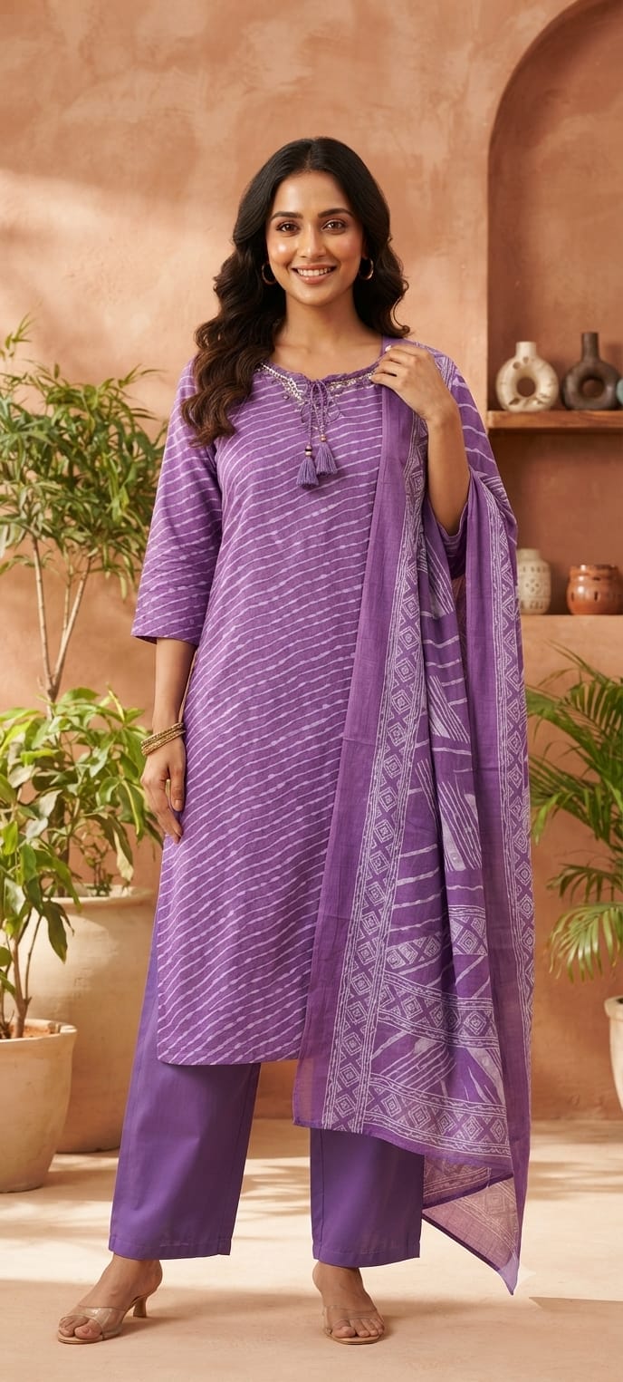 Minimal Neck Work Soft Cotton Leheriya Printed Full Suit Set With Dupatta- 15531