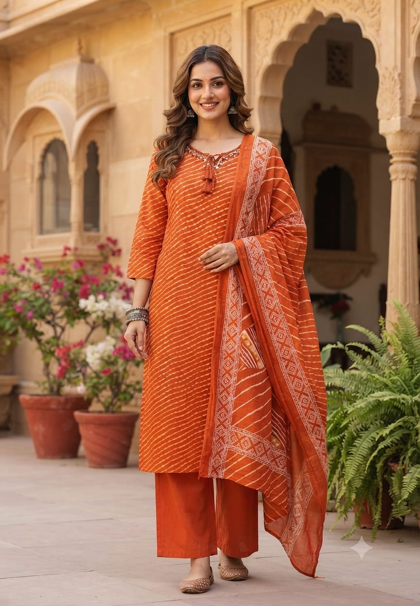 Minimal Neck Work Soft Cotton Leheriya Printed Full Suit Set With Dupatta- 15531