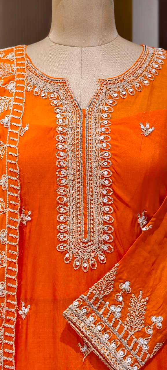 Fine Thread Embroidery With Sequin Upwork Single Shade Full Suit Set With Dupatta- 15553