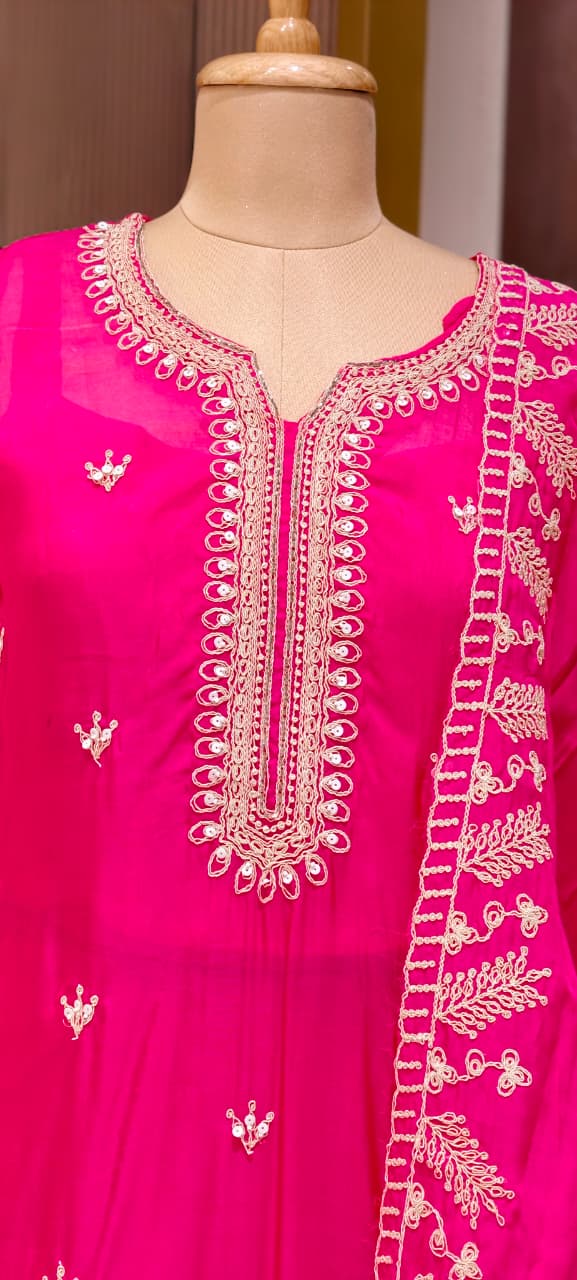 Fine Thread Embroidery With Sequin Upwork Single Shade Full Suit Set With Dupatta- 15553