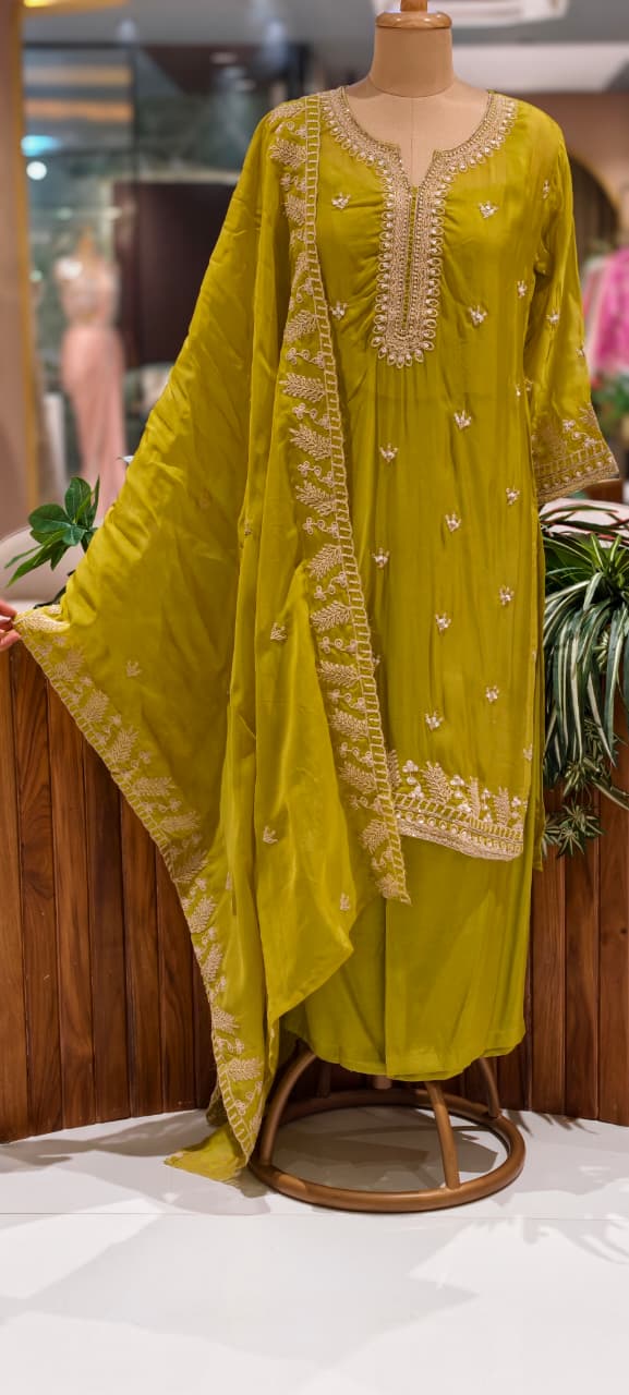 Fine Thread Embroidery With Sequin Upwork Single Shade Full Suit Set With Dupatta- 15553