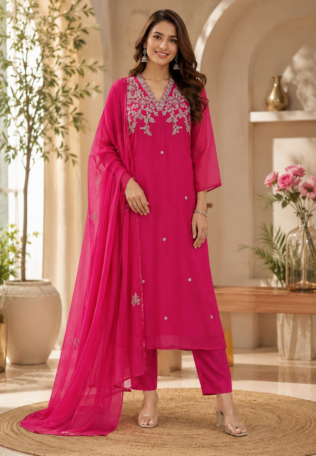 Magenta Mul Chanderi Festive Full Suit Set with Heavy Silver Zardozi Embroidery & Dupatta- 12770