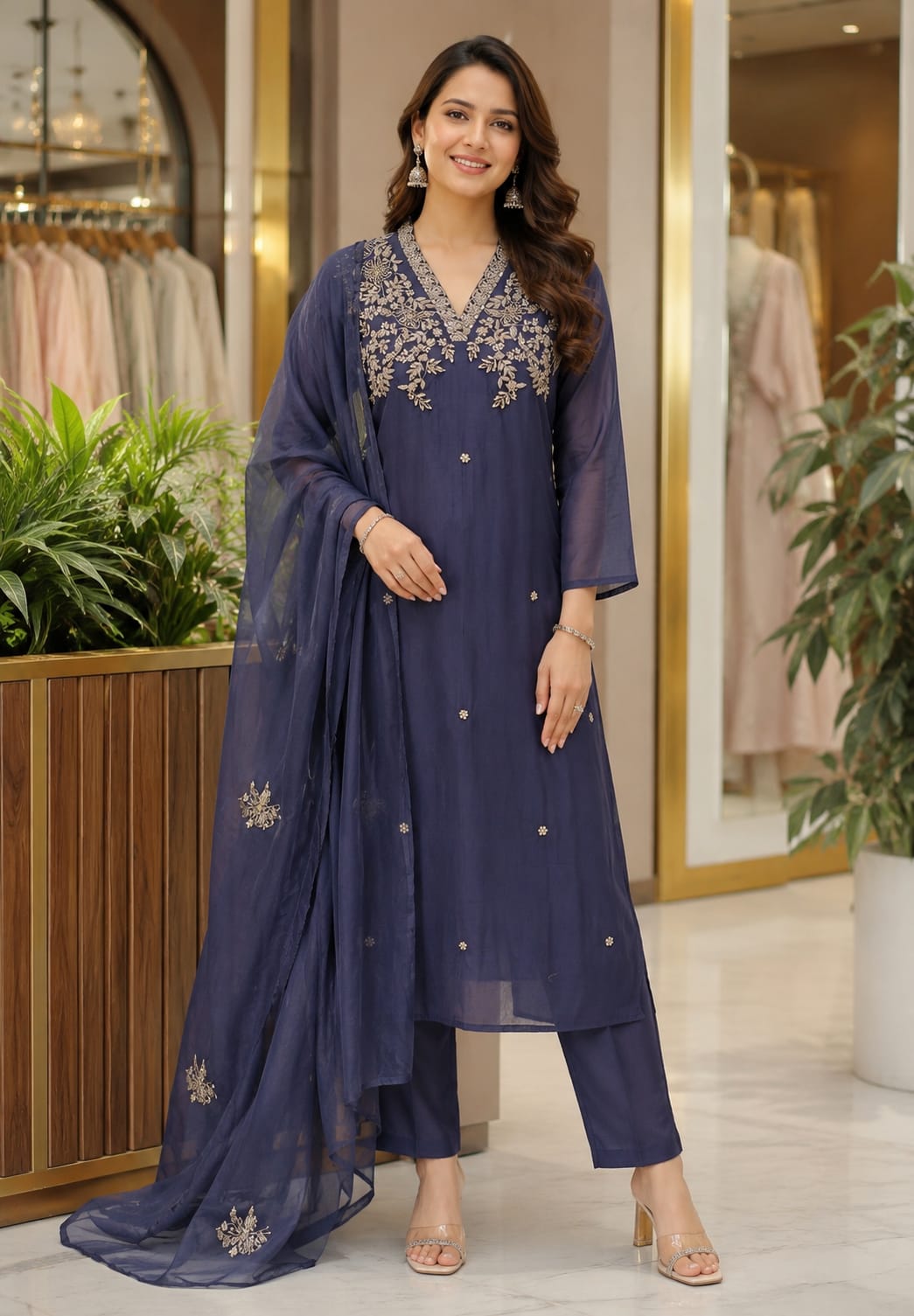 Magenta Mul Chanderi Festive Full Suit Set with Heavy Silver Zardozi Embroidery & Dupatta- 12770