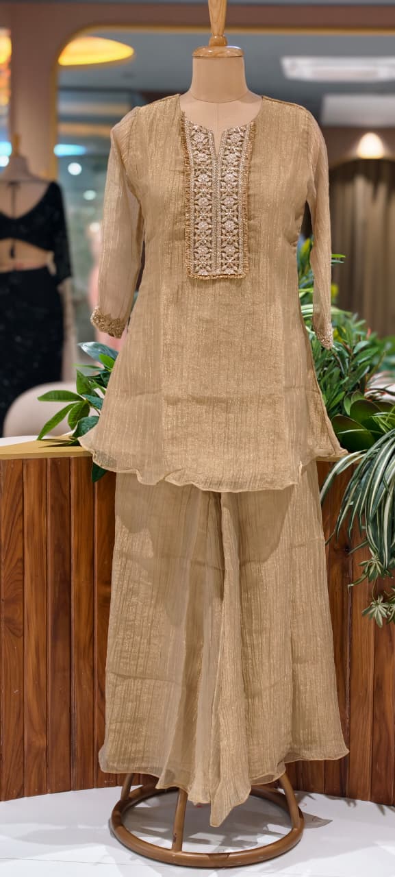 Premium Zardosi Hand Embroidered Boxed Neckline Crush Tissue Co-Ord Set- 15604