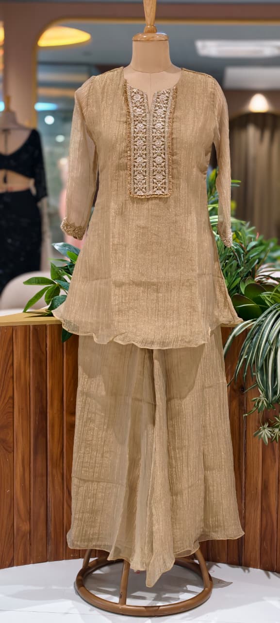 Premium Zardosi Hand Embroidered Boxed Neckline Crush Tissue Co-Ord Set- 15604