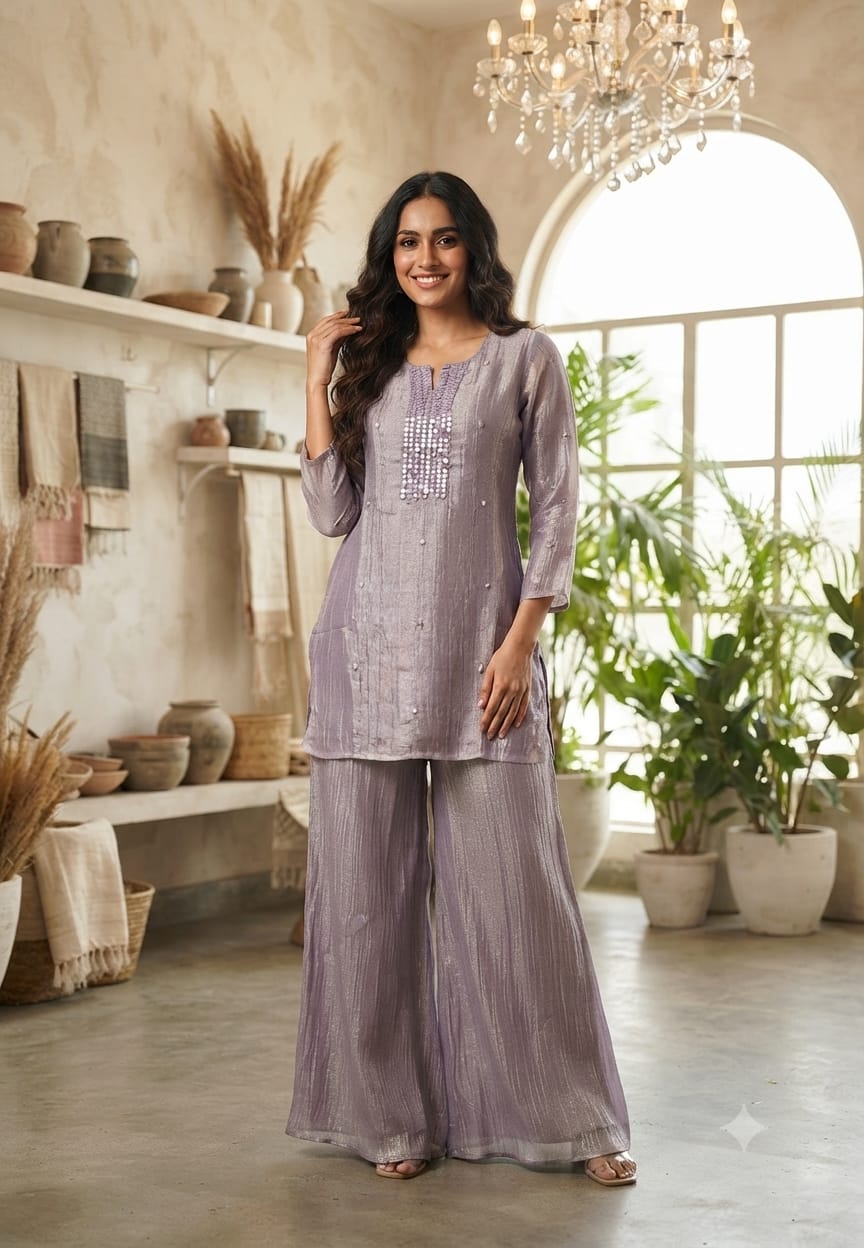 Luxe Co-Ord Set with Elegant  Mirror Embroidery Yoke In Crush Tissue Fabric- 15609