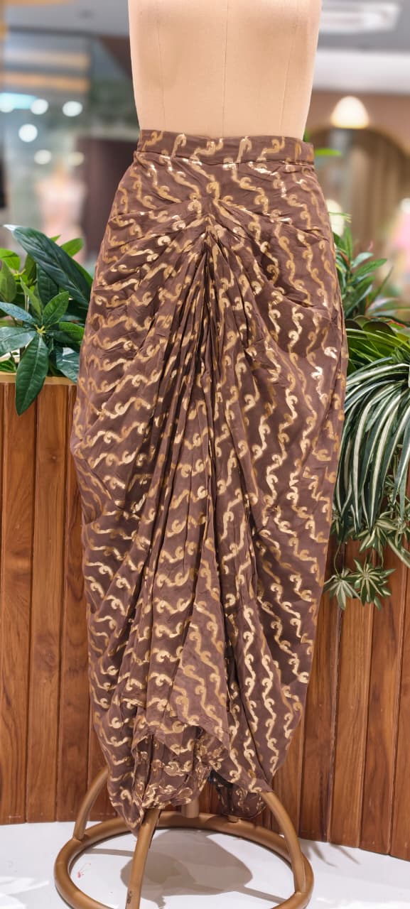 Designer Neckpiece Look Real Mirror Detailing Shrug Style Crop Top With Weavy Golden Prints Drape Dhoti Skirt -15584, 15583